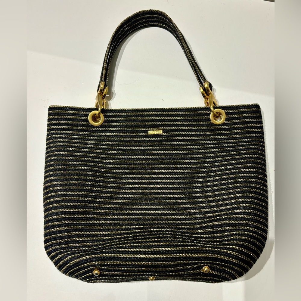 Eric Javits Elegant Black and Metallic Gold Striped  Straw Tote Bag